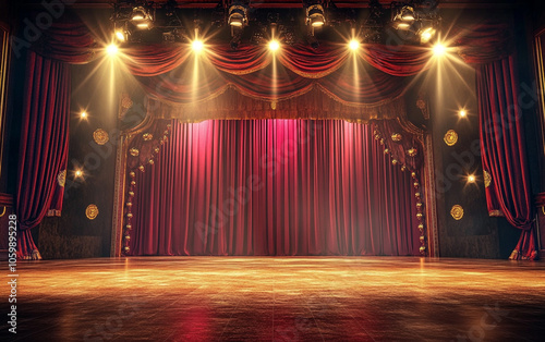 Theater stage with red curtains and spotlights. Theatrical scene in the light background