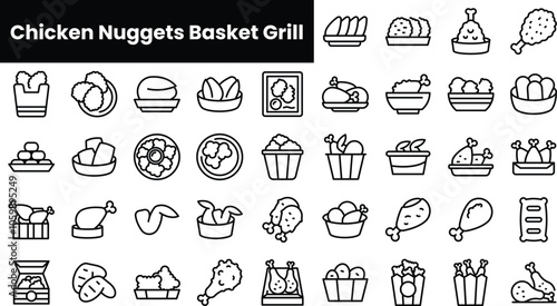 Set of outline chicken nuggets basket grill icons