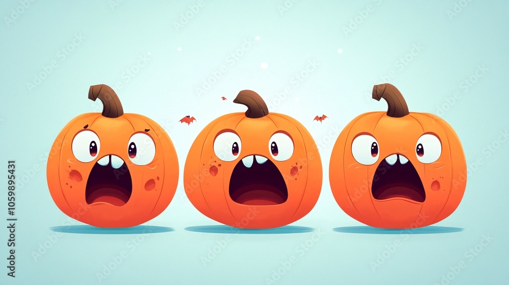 Obraz premium charming cartoon pumpkin trio, ultra-detailed vector art, varied facial expressions, smooth gradient shading, glossy surface texture, whimsical halloween imagery, kid-friendly spooky aesthetic