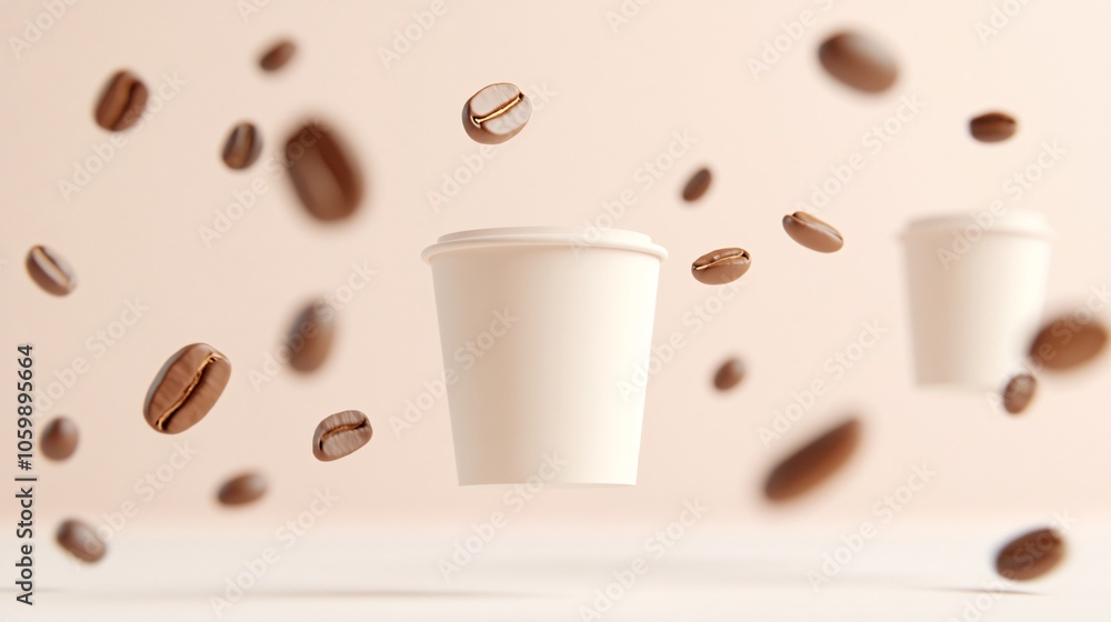Obraz premium airborne paper coffee mugs, coffee seeds drifting, ultra-detailed 3d visualization, soft pastel background, studio lighting setup, promotional imagery, sleek product design, coffee shop branding,