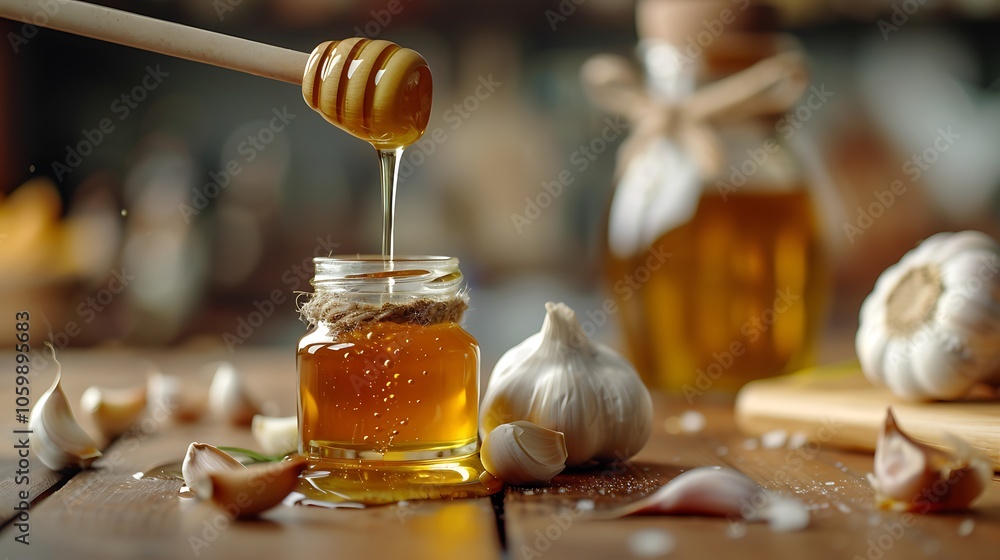 Honey dripping from a wooden honey dipper into a jar with garlic and lemon on a wooden background Honey dripping from a wooden honey dipper into a jar with garlic and lemon on a wooden background