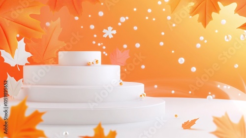 gravity-defying autumn retail podium, professional 3d vector illustration, stacked disc-shaped stages, warm orange and white color scheme, stylized leaves and stars, ethereal light trails, seasonal photo