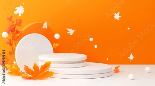 gravity-defying autumn retail podium, professional 3d vector illustration, stacked disc-shaped stages, warm orange and white color scheme, stylized leaves and stars, ethereal light trails, seasonal photo