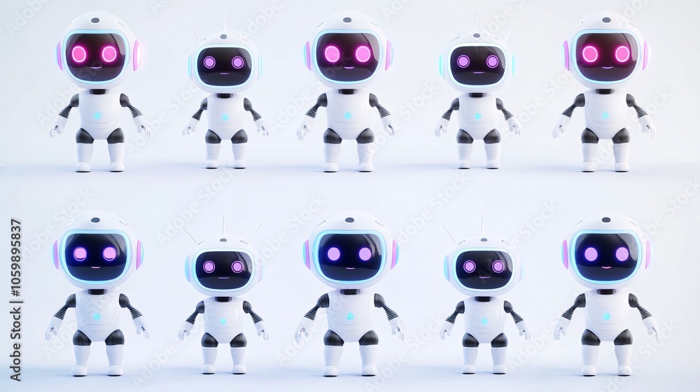 Fototapeta premium adorable ai chatbot characters, illuminated facial displays, smooth plastic texture, various friendly poses, high-detail 3d modeling, gentle shadows, tech product showcase, matte finish, sleek