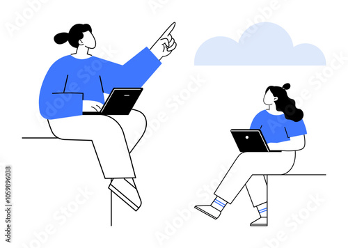 Two colleagues with laptops engage in a discussion, one pointing towards the sky, both seated comfortably. Ideal for teamwork, brainstorming, outdoor meetings, tech collaboration, idea sharing