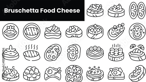 Set of outline bruschetta food cheese icons