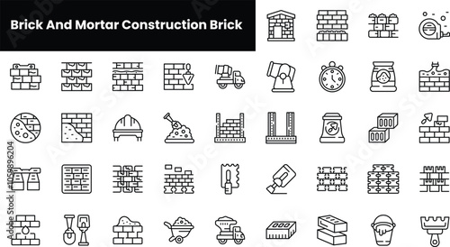 Set of outline brick and mortar construction brick icons