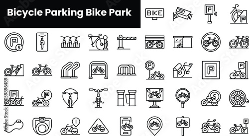 Set of outline bicycle parking bike park icons