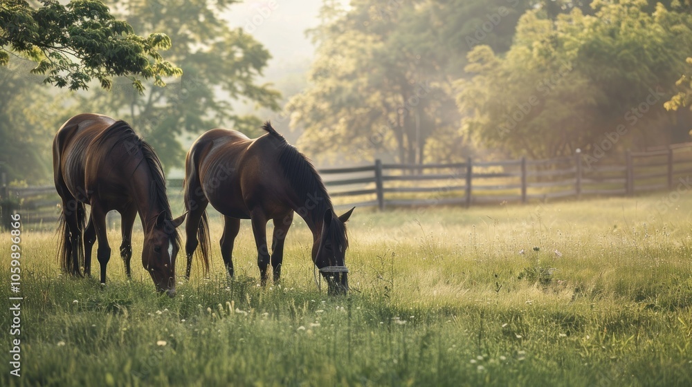 Obraz premium Some horses are eating grass in the green meadow.