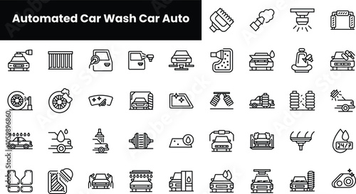 Set of outline automated car wash car auto icons