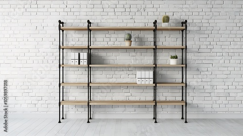 Empty shelving unit in front of white brick wall