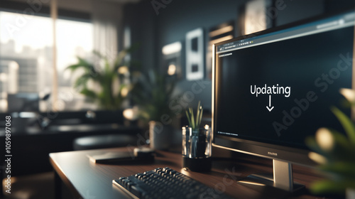  Close-up of computer screen showing software update progress bar with 