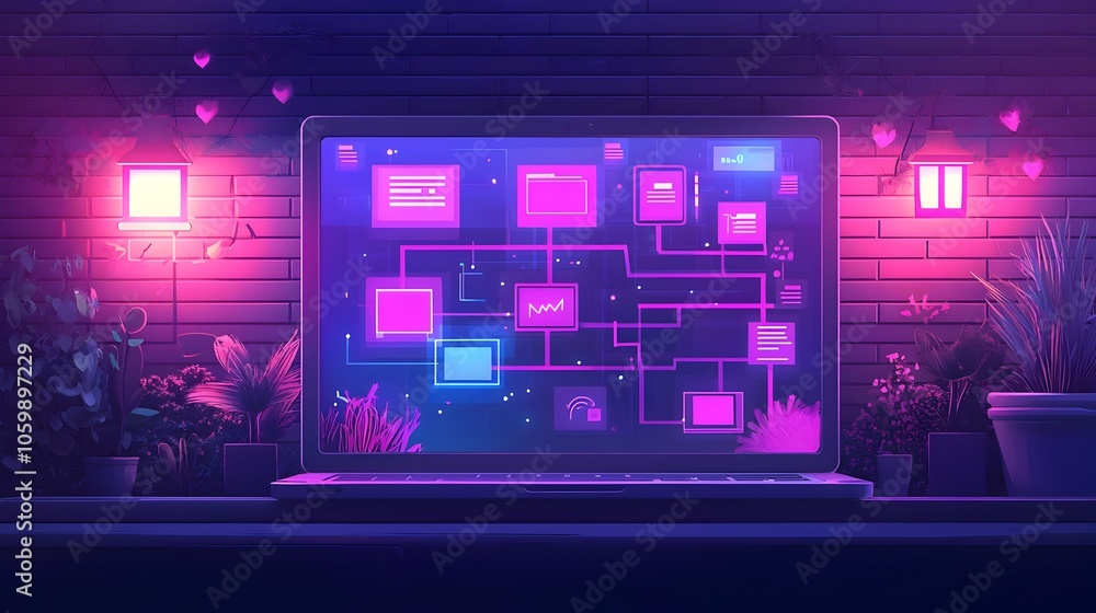 Fototapeta premium Conceptual digital network map displayed on laptop screen within a warm and inviting home office highlighting the importance of connectivity and technology in remote work environments