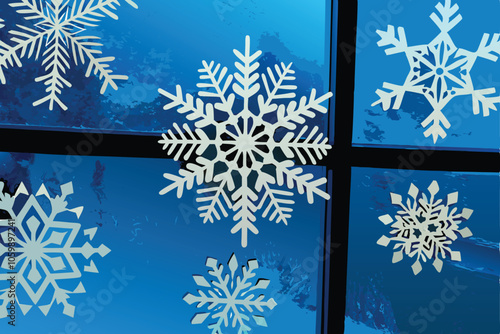 A close-up shot of delicate, intricate snowflakes clinging to a frosted windowpane, capturing the beauty of winter's icy artistry.