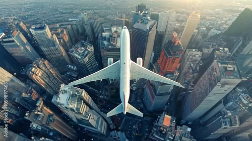 A white airplane is flying over a city. The city is full of tall buildings and the sky is dark