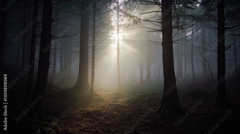 Naklejka premium Foggy forest with sunlight barely breaking through the trees symbolizing grief and the slow process of healing