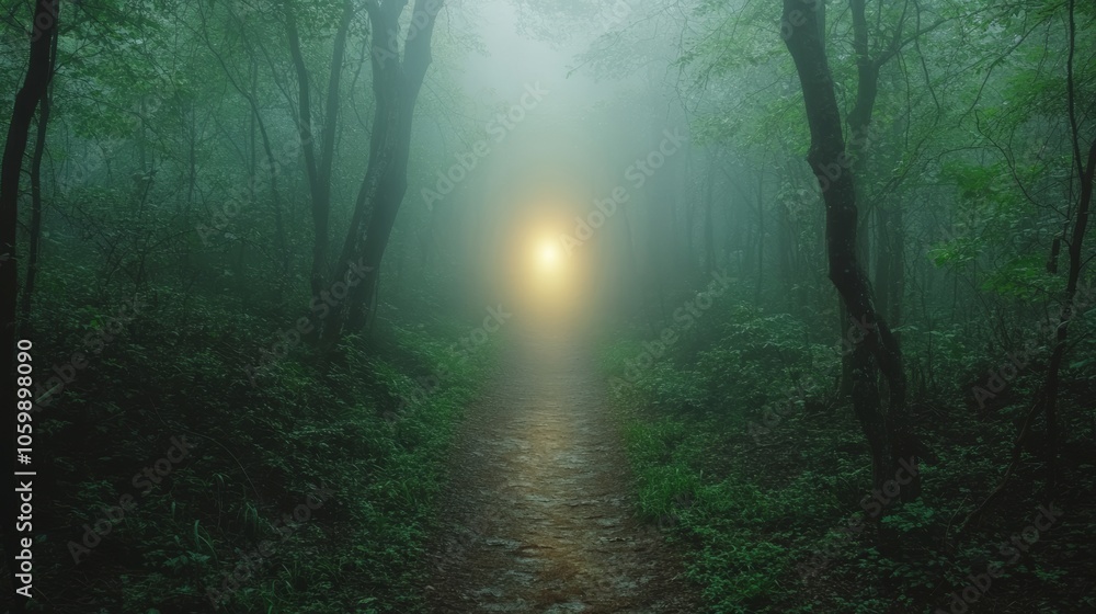 Fototapeta premium Foggy path in a dense forest leading to a glowing light symbolizing intrigue and the unveiling of a hidden mystery