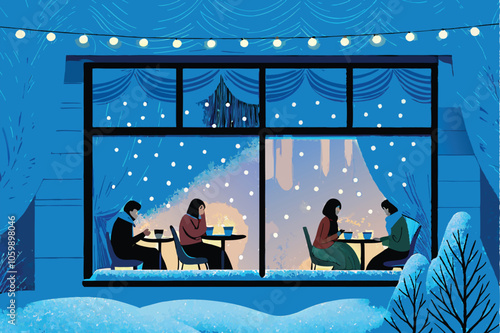 A warm, inviting coffee shop window with people inside enjoying their hot beverages, steam rising from the cups, creating a cozy atmosphere.