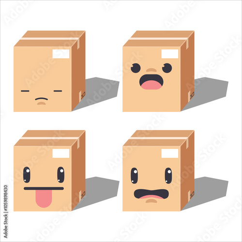 Cute cartoon Four cardboard boxes with different facial expressions.