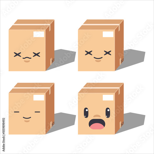 Cute cartoon Four cardboard boxes with different facial expressions.