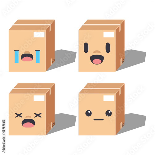 Cute cartoon Four cardboard boxes with different facial expressions.