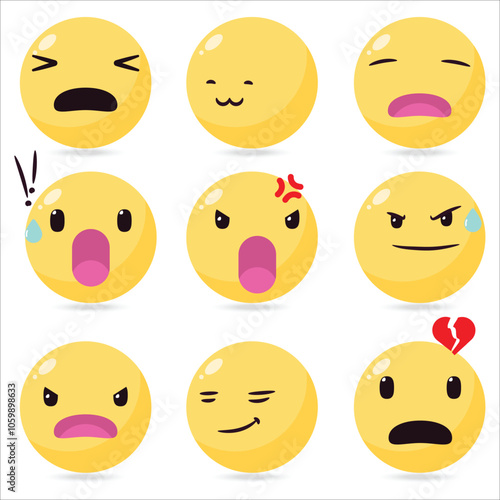 A collection of yellow emoticons, including angry, sad, and happy faces. Scene is cheerful and lighthearted
