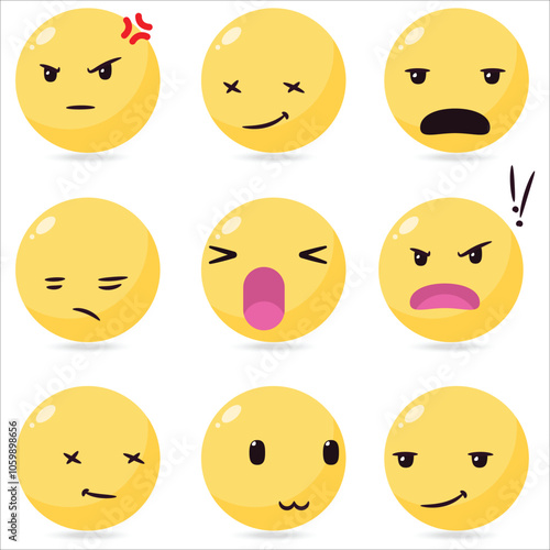 A collection of yellow emoticons, including angry, sad, and happy faces. Scene is cheerful and lighthearted