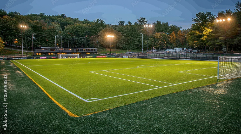 Fototapeta premium A well-lit soccer field surrounded by trees.