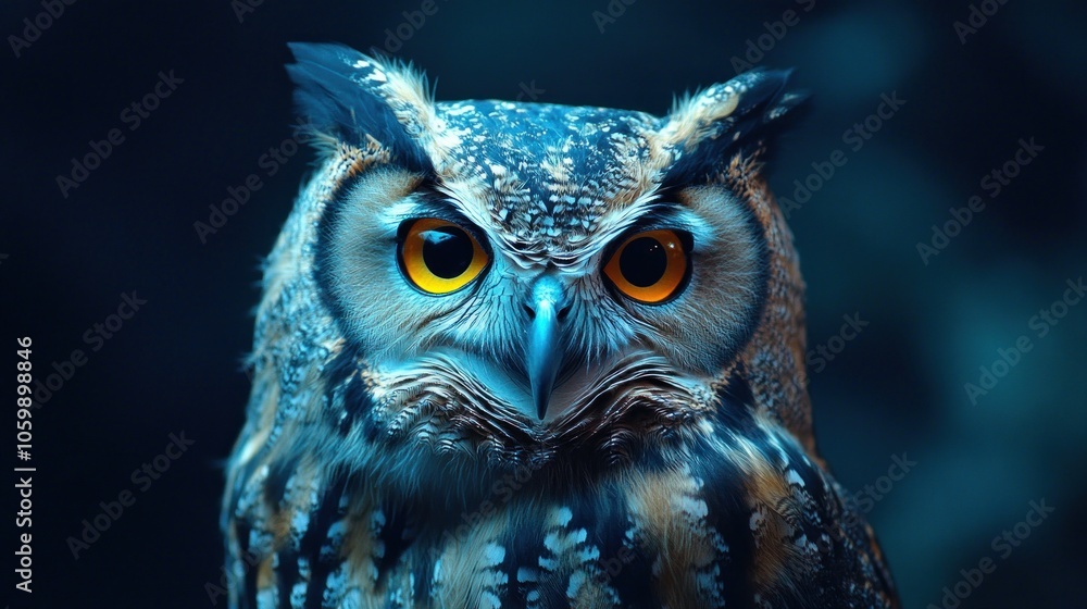 A close-up of an owl with striking orange eyes, set against a dark background. A close-up of an owl with striking orange eyes, set against a dark background.