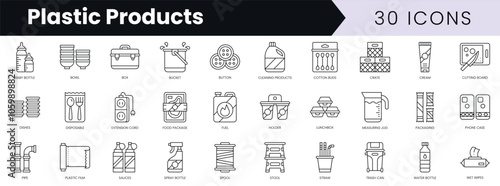 Set of outline plastic products icons. Minimalist thin linear web icon set. vector illustration.