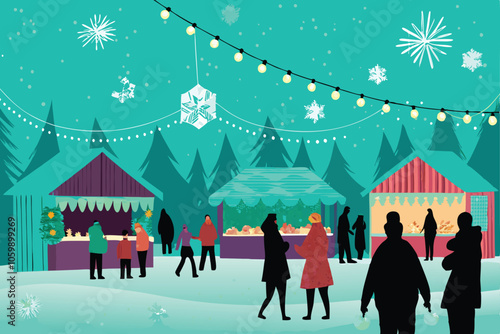 A vibrant, snowy winter market overflowing with people browsing stalls, enjoying festive foods, and taking in the joyous atmosphere.