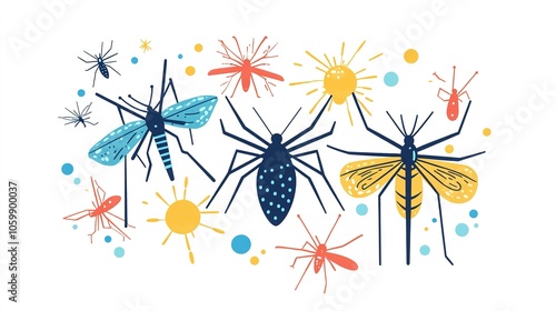 Abstract Illustration Featuring Mosquitoes in a Brightly Colored Flat Design, Set Against a White Background, Capturing the Concept of Virus Transmission and Defense Against Insect Bites, Incorporatin photo