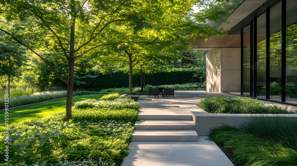 Obraz premium A serene, modern garden with lush greenery, a clean pathway, and a contemporary building, creating a peaceful outdoor space.