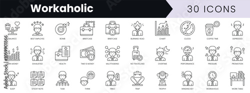 Set of outline workaholic icons. Minimalist thin linear web icon set. vector illustration.