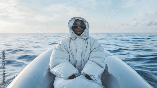 A women in sunglasses and a large puffy white coat sits in a blow up life raft in the middle of the sea ocean fashion photo shoot