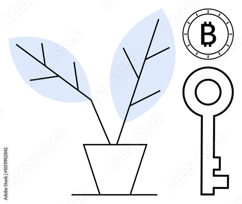 Plant with blue leaves in pot beside Bitcoin symbol and key. Ideal for cryptocurrency, fintech, investment, digital security, blockchain, eco-friendliness, growth. Line metaphor