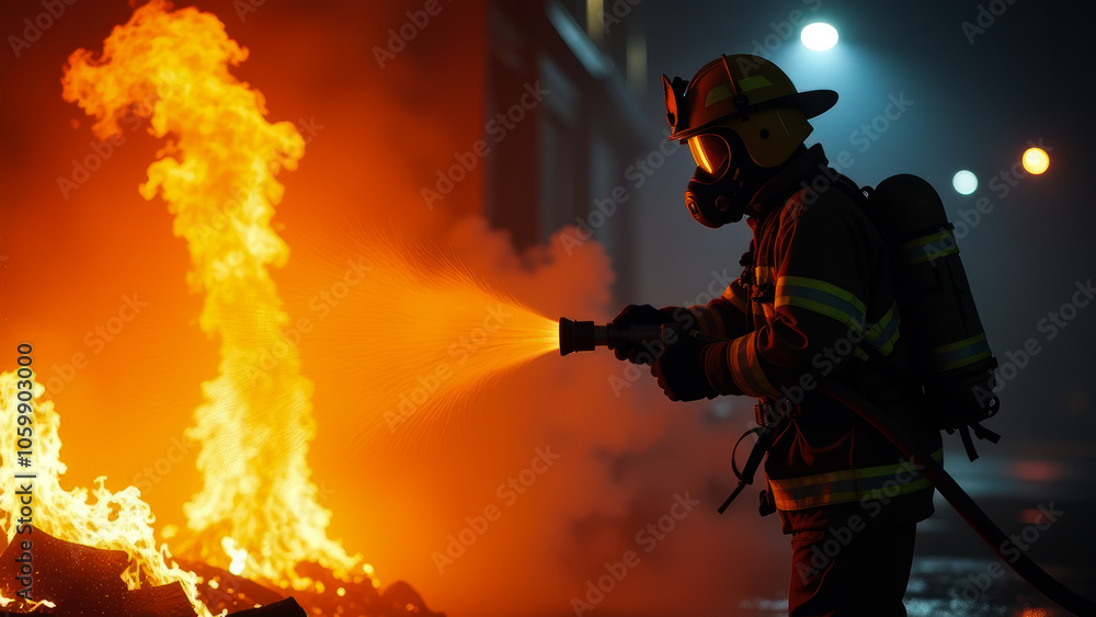 Obraz premium Portrait of a firefighter in equipment. Firefighters use water from a hose to extinguish a fire. Created using generative artificial intelligence technology.