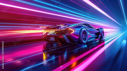Futuristic Sports Car on Neon Highway. Powerful acceleration with cyberpunk style.