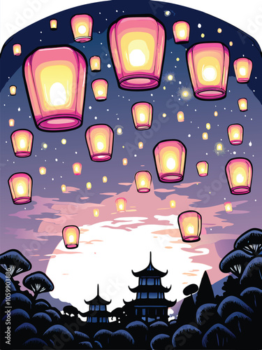 A vibrant scene of a Japanese lantern festival at night, with hundreds of colorful lanterns glowing brightly in the dark, illuminating the crowd and surrounding buildings.