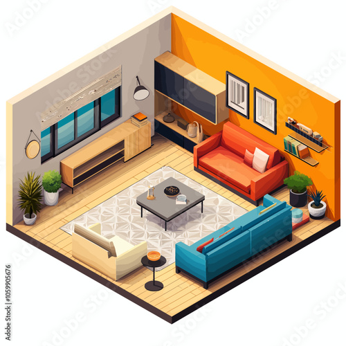 Modern Isometric Home Interior 3D Vector Illustration