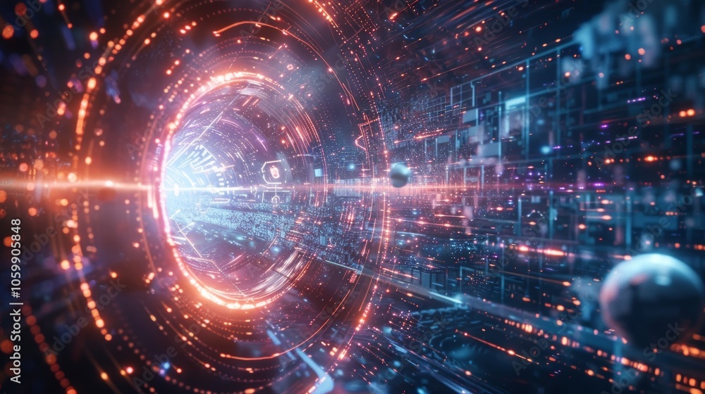 Fototapeta premium Futuristic glowing orange and blue tunnel is flying through digital cyberspace with data stream and light streaks, a concept of future technology