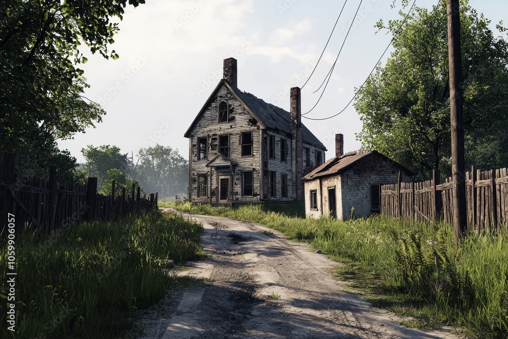 Fototapeta premium Abandoned House on Overgrown Road in Rural Setting