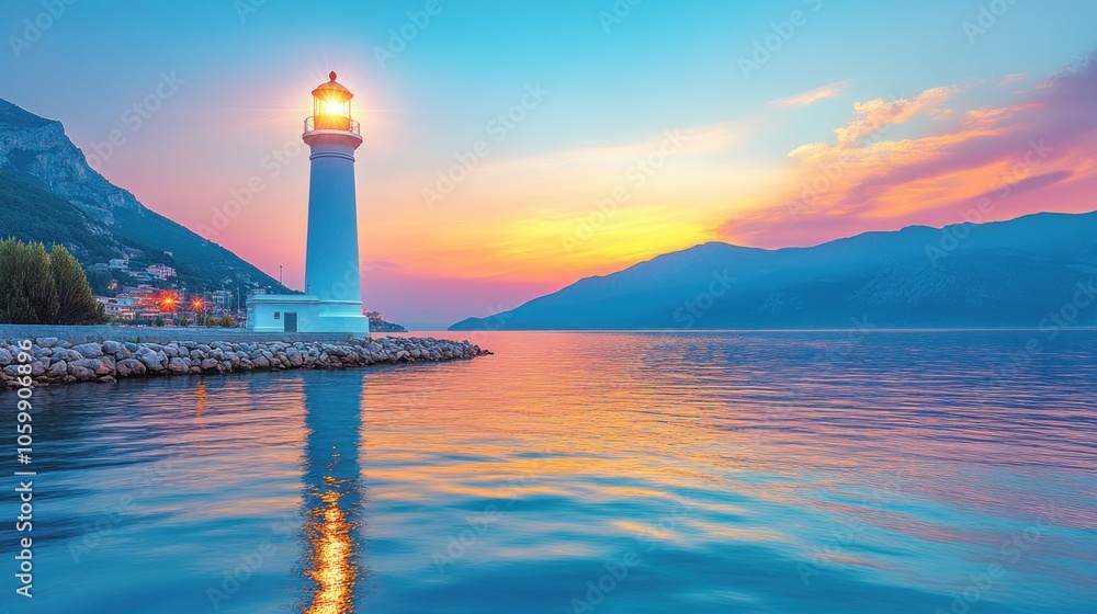 Fototapeta premium A white lighthouse stands tall on a rocky shore as the sun sets over a tranquil bay, casting a golden glow on the water.