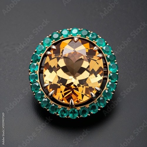 Vintage inspired topaz brooch with emerald accents on plain black dark background photo