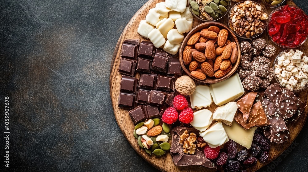 Obraz premium Assorted Gourmet Chocolates and Nuts on Wooden Board