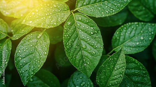 Fresh dewdrops in sunlight on green leaves, ultraclose shot with high contrast, emphasizing textures and clarity photo