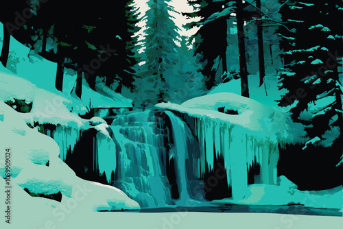 A stunning, frozen waterfall cascades down jagged rocks, surrounded by a pristine, snow-covered landscape.