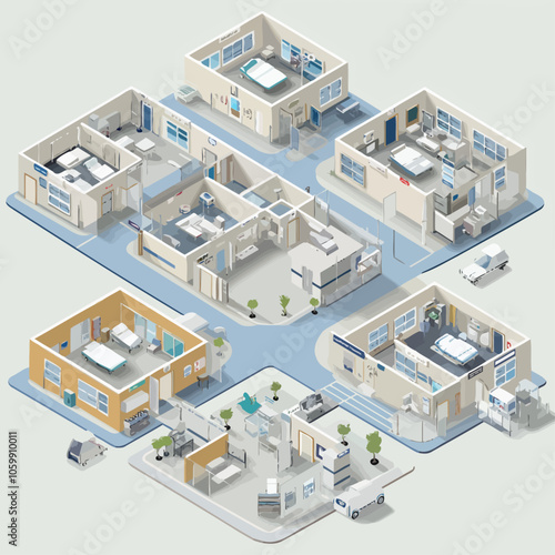 Isometric Hospital Layout 3D Vector Illustration