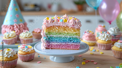 Birthday cozy setting in a kitchen, piece of rainbow cake is in the center