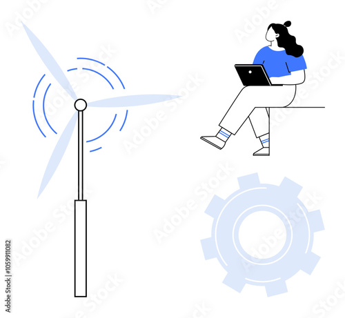 Wind turbine beside person working on laptop, cogwheel element included. Ideal for renewable energy, technology, remote work, sustainability, green technology, engineering, tech innovation. Line